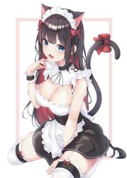 Rule 34 | 1girl, animal ears, apron, bare shoulders, between legs, black dress, black footwear, black hair, blue eyes, blush, bow, breasts, cat ears, cat girl, cat tail, cleavage, colored inner hair, dress, fang, frilled apron, frills, g home, garter straps, hair bow, hand between legs, hand up, large breasts, long hair, looking at viewer, lower teeth only, maid, maid apron, maid headdress, maplestory, mole, mole on breast, multicolored hair, open mouth, red bow, red hair, shoes, sitting, smile, solo, tail, tail bow, tail ornament, teeth, thighhighs, two-tone hair, waist apron, wariza, white apron, white background, white thighhighs, wrist cuffs, zettai ryouiki