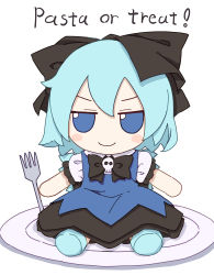 Rule 34 | 1girl, absurdres, black bow, black footwear, blue dress, blue eyes, blue hair, bow, cirno, collared shirt, dress, english text, fairy wings, fork, fumo (doll), hair bow, highres, ice, ice wings, kame (kamepan44231), long dress, one-hour drawing challenge, pinafore dress, plate, shirt, short hair, simple background, skull ornament, sleeveless, sleeveless dress, smile, solo, touhou, white background, white shirt, wings