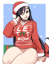 Rule 34 | 1girl, black choker, black hair, bottomless, breasts, choker, christmas, christmas sweater, clothes writing, commentary, english commentary, english text, final fantasy, final fantasy vii, fingernails, fur-trimmed headwear, fur trim, hat, large breasts, long fingernails, long hair, looking at viewer, low-tied long hair, nail polish, naked sweater, red nails, santa hat, sitting, solo, sweater, thick thighs, thighs, tifa lockhart, vashperado