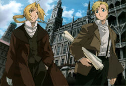 Rule 34 | 00s, 2boys, ahoge, alfons heiderich, alphonse elric, alphonse heiderich, blonde hair, blue eyes, brothers, building, city, cloud, coat, conqueror of shambala, day, dress shirt, edward elric, fullmetal alchemist, gloves, goth fashion, hand in pocket, highres, itou yoshiyuki, london, long hair, male focus, multiple boys, official art, open clothes, open coat, outdoors, pants, ponytail, scan, scroll, shirt, short hair, siblings, sky, suspenders, tower, trench coat, walking, white gloves, yellow eyes