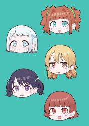 5girls asari_shiguren1 blonde_hair blue_ribbon blunt_bangs blush brown_hair disembodied_head drill_hair fukumaru_koito furrowed_brow gakuen_idolmaster green_background grey_hair hair_ribbon half_up_braid highres idolmaster idolmaster_(classic) idolmaster_cinderella_girls idolmaster_million_live! idolmaster_shiny_colors in-franchise_crossover katsuragi_lilja looking_at_viewer morikubo_nono multiple_girls nonohara_akane orange_hair purple_hair ribbon ribbon_braid short_hair simple_background smile takatsuki_yayoi twintails v-shaped_eyebrows