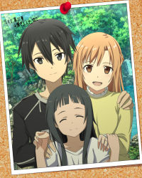 Rule 34 | 10s, 1boy, 2girls, age difference, asuna (sao), bad id, bad pixiv id, black eyes, black hair, blush, brown eyes, brown hair, bulletin board, casual, child, closed eyes, family, father and daughter, happy, highres, jewelry, kirito, long hair, looking at viewer, mother and daughter, multiple girls, nature, outdoors, photo (object), ring, short hair, sirius (562485), size difference, smile, sword art online, text focus, translated, tree, water, wedding band, yui (sao)