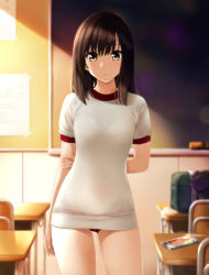 Rule 34 | 1girl, arm behind back, arm grab, bag, blush, bra, bra visible through clothes, breasts, brown eyes, brown hair, buruma, chair, closed mouth, commentary request, desk, gym shirt, gym uniform, hair between eyes, highres, indoors, looking at viewer, nonaka ritsu, original, puffy short sleeves, puffy sleeves, red buruma, school bag, school chair, school desk, shirt, short sleeves, small breasts, solo, underwear, white bra, white shirt