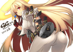 Rule 34 | 1girl, ahoge, ankh, ass, black hair, breasts, candy, spiked halo, dated, food, from behind, grin, guilty gear, guilty gear xrd, halo, jack-o&#039; valentine, leaning forward, lollipop, long hair, looking at viewer, looking back, mask, md5 mismatch, medium breasts, pantylines, red eyes, shingo (missing link), simple background, smile, solo, very long hair, white background