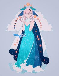 Rule 34 | 1girl, artist name, bad id, bad twitter id, blue dress, blue wings, cape, closed eyes, cloud, constellation, crescent moon, dress, feathered wings, full moon, gibbous moon, grey background, hair ornament, half moon, meyoco, moon, moon phases, new moon, no nose, original, pink hair, short hair, simple background, solo, star (symbol), sun, water dress, waves, white cape, wings