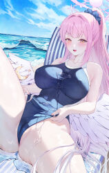 Rule 34 | 1girl, bare shoulders, beach, blue archive, blue one-piece swimsuit, blush, breasts, cleavage, covered navel, feathered wings, hair bun, hair ornament, halo, highres, large breasts, lichiko, long hair, looking at viewer, mika (blue archive), one-piece swimsuit, open mouth, outdoors, pink hair, ponytail, school swimsuit, solo, spread legs, swimsuit, thighs, wet, white wings, wings, yellow eyes