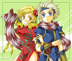 Rule 34 | 1990s (style), 1boy, 1girl, aosena, armor, blonde hair, blue eyes, ceodore harvey, china dress, chinese clothes, dress, final fantasy, final fantasy iv, final fantasy iv: the after years, flower, hair ornament, long hair, lowres, scarf, short hair, silver hair, twintails, ursula leiden, yellow eyes