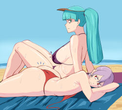 2girls animal_print annoyed ass ass_envy bare_shoulders bat_print bikini black_bikini breast_envy breasts darkstalkers demon_girl demon_wings female_focus flat_chest green_eyes green_hair head_out_of_frame head_wings highres huge_ass large_breasts leotard lilith_(darkstalkers) long_hair lying matching_hair/eyes morrigan_aensland multiple_girls octavius_dp on_stomach purple_hair red_bikini red_eyes short_hair siblings sisters sweat swimsuit thong thong_bikini visor_cap wings