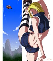 Rule 34 | 1boy, 1girl, android 18, back, bare shoulders, blonde hair, blood, breasts, commentary request, cropped jacket, day, denim, denim shorts, dimples of venus, dragon ball, dragonball z, earrings, flexible, forest, highres, jewelry, kicking, kuririn, large breasts, legs, mountain, nature, no bra, no panties, no shirt, open mouth, revision, short shorts, shorts, sideboob, sky, split, standing, standing on one leg, standing split, striped clothes, striped thighhighs, suna (sandworks), thighhighs, zipper