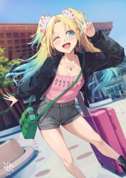 Rule 34 | 1girl, 2023, artist logo, bag, black footwear, black jacket, blonde hair, blue eyes, blue hair, blue sky, breasts, checkered shorts, flower, gradient hair, grey shorts, hair flower, hair ornament, highres, hiroki ree, jacket, jewelry, link! like! love live!, long hair, long sleeves, love live!, multicolored hair, necklace, one eye closed, open clothes, open jacket, open mouth, osawa rurino, pink shirt, safety pin, shirt, shorts, shoulder bag, sky, small breasts, smile, solo, twintails, v