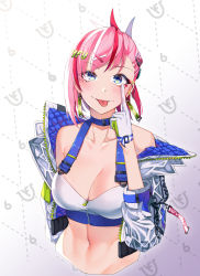 Rule 34 | 1girl, absurdres, blue eyes, breasts, cleavage, commentary, commission, english commentary, esencey, finger to eye, highres, indie virtual youtuber, jacket, looking to the side, medium breasts, midriff, navel, off-shoulder jacket, off shoulder, pink hair, solo, upper body, virtual youtuber, yfu
