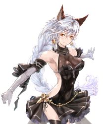 Rule 34 | 1girl, animal ears, backless outfit, bare shoulders, black dress, braid, breasts, cat ears, cleavage, commentary request, covered erect nipples, dress, elbow gloves, erune, gloves, granblue fantasy, heles, heles (irestill evening dress) (granblue fantasy), large breasts, long hair, sige (sige555), silver hair, single braid, smile, solo, standing, thighhighs, very long hair, yellow eyes
