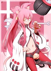 Rule 34 | 1girl, ^ ^, animal ears, arc system works, belt, blazblue, buckle, cat ears, cat tail, closed eyes, closed mouth, glasses, hand on own hip, highres, kokonoe (blazblue), long hair, long sleeves, navel, over shoulder, oversized object, pants, pince-nez, pink background, pink hair, red pants, shirt, simple background, smile, tail, white shirt, wrench, yuuki (yukigeshou hyouka)
