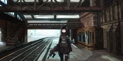 Rule 34 | 1girl, black hair, black jacket, black pantyhose, blue eyes, closed mouth, commentary request, day, gloves, grey gloves, gun, hair ornament, highres, holding, holding gun, holding weapon, indoors, jacket, long hair, long sleeves, looking at viewer, mecha musume, natori youkai, original, pantyhose, railing, railroad tracks, sleeves past wrists, solo, stairs, standing, train station, very long hair, weapon, weapon request
