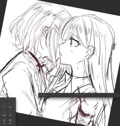 Rule 34 | 2girls, aoki shizumi, art program in frame, character request, commentary request, d4dj, greyscale, hair ornament, hairclip, kiss, long hair, monochrome, multiple girls, short hair, sketch, sweat, upper body, yuri