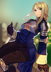 Rule 34 | 1girl, absurdres, agrias oaks, armor, blonde hair, blue dress, blue eyes, blurry, blurry background, braid, breastplate, brown gloves, brown pants, cosmetics, depth of field, dress, final fantasy, final fantasy tactics, gloves, highres, holding, holding lipstick tube, kagematsuri, knee pads, lipstick tube, long hair, long sleeves, looking at viewer, pants, parted lips, sitting, solo