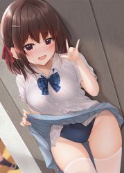 Rule 34 | 1girl, 1other, blue bow, blue one-piece swimsuit, blue skirt, blush, bow, braid, breasts, brown hair, clothes lift, collared shirt, dress shirt, fox shadow puppet, hair bow, hair ornament, hairclip, hand up, lifted by self, looking at viewer, medium breasts, minato ojitan, one-piece swimsuit, open mouth, original, plaid, plaid bow, pleated skirt, red bow, red eyes, school uniform, shirt, skirt, skirt lift, solo focus, swimsuit, swimsuit under clothes, thighhighs, wet, white shirt, white thighhighs