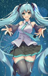 Rule 34 | 1girl, absurdres, aerial fireworks, ahoge, aqua eyes, aqua hair, aqua necktie, bare shoulders, black footwear, black skirt, blush, boots, breasts, cowboy shot, detached sleeves, diving penguin, fireworks, grey shirt, happy, hatsune miku, highres, large breasts, leg up, long hair, midriff peek, necktie, open mouth, outstretched arms, outstretched hand, pleated skirt, reaching, reaching towards viewer, shirt, sidelocks, skirt, sleeveless, sleeveless shirt, solo, standing, standing on one leg, thigh boots, thighhighs, thighs, twintails, very long hair, vocaloid, zettai ryouiki
