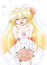 Rule 34 | 1girl, bad id, bad pixiv id, bare shoulders, blonde hair, blush, bouquet, bride, dress, elbow gloves, closed eyes, female focus, flower, gloves, hat, lily white, long hair, ryutotoranoikkiuchi, smile, solo, touhou, wedding dress, white background