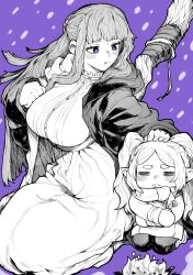 Rule 34 | 2girls, :t, = =, absurdres, bonfire, breasts, chibi, cold, dress, fern (sousou no frieren), frieren, greyscale, greyscale with colored background, hand on another&#039;s head, highres, large breasts, light frown, looking at another, mage staff, monochrome, multiple girls, purple background, purple eyes, purple hair, seiza, simple background, sitting, snow, sousou no frieren, staff, yotsumi shiro