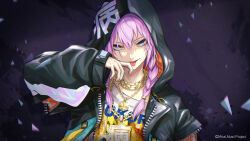Rule 34 | 1girl, bling, blue eyes, braid, chain, gold chain, gold necklace, hair between eyes, hood, hooded jacket, jacket, jewelry, long hair, looking at viewer, mirai akari, mirai akari project, necklace, open clothes, open jacket, open mouth, pink hair, re (re 09), shirt, smile, solo, tongue, tongue out, virtual youtuber