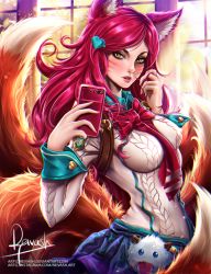 Rule 34 | 1girl, academy ahri, ahri (league of legends), animal ears, aran sweater, artist name, blue eyes, blue skirt, blush, breasts, brown eyes, cable knit, cellphone, chromatic aberration, facial mark, fox ears, fox tail, from side, hair ornament, twirling hair, head tilt, heart, heart hair ornament, holding, holding phone, horns, impossible clothes, impossible shirt, impossible sweater, javier estrada, league of legends, long hair, long sleeves, looking at viewer, medium breasts, multiple tails, necktie, parted lips, phone, pink hair, pink necktie, poro (league of legends), realistic, shirt, skirt, smartphone, solo, sweater, swept bangs, tail, tongue, tongue out, watermark, web address, whisker markings