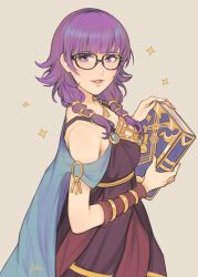 Rule 34 | 1girl, bare shoulders, book, breasts, cape, commentary, dress, english commentary, fire emblem, fire emblem: the sacred stones, from side, grey background, highres, holding, holding book, jewelry, jivke, long hair, looking at viewer, lute (fire emblem), necklace, nintendo, parted lips, purple eyes, purple hair, short hair, simple background, smile, solo, sparkle, twintails