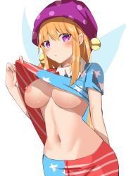 Rule 34 | 1girl, american flag, american flag pants, american flag print, american flag shirt, arm behind back, blonde hair, blush, breasts, closed mouth, clothes lift, clownpiece, commentary request, cowboy shot, fairy wings, flag print, fujiko (emnprmn), hand up, hat, highres, jester cap, large breasts, lifting own clothes, long hair, looking at viewer, medium breasts, midriff, navel, nipples, no bra, polka dot headwear, print pants, print shirt, purple eyes, self exposure, shirt, shirt lift, solo, standing, staring, touhou, very long hair, wings