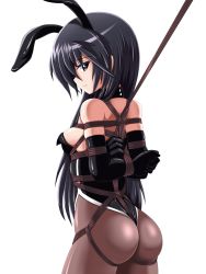Rule 34 | 1girl, absurdres, animal ears, arms behind back, ass, bare shoulders, bdsm, black eyes, black gloves, black hair, black pantyhose, bondage, bound, breasts, elbow gloves, fake animal ears, female focus, from behind, gloves, highres, leng yan chi bing, leotard, long hair, looking at viewer, medium breasts, original, pantyhose, playboy bunny, profile, rabbit ears, restrained, rope, shibari, simple background, solo, white background
