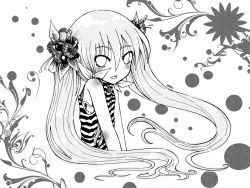 Rule 34 | 1girl, :p, bare shoulders, blush, cupudotexe, flower, greyscale, hair flower, hair ornament, kodomo no jikan, kokonoe rin, long hair, looking at viewer, monochrome, smile, solo, striped, tongue, tongue out, tukimin, twintails