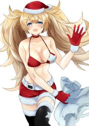 Rule 34 | 1girl, absurdres, alternate costume, belt, bikini, bikini top only, black footwear, blonde hair, blue eyes, boots, breasts, christmas, commentary request, feet out of frame, fur-trimmed gloves, fur-trimmed headwear, fur-trimmed legwear, fur-trimmed shorts, fur trim, gambier bay (kancolle), gloves, hat, highres, kantai collection, large breasts, looking at viewer, red bikini, red gloves, red hat, red shorts, santa bikini, santa hat, shorts, simple background, smile, solo, standing, star (symbol), star print, swimsuit, thigh boots, thighhighs, toriniku senshi chikinman, twintails, waving, white background, white belt