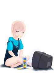 Rule 34 | 1girl, ahoge, bad id, bad pixiv id, bare legs, barefoot, blonde hair, blue dress, blue shirt, blush, brown eyes, casual, chips (food), cola, commentary request, crossed legs, dress, fate/grand order, fate (series), food, food in mouth, highres, jilu, koha-ace, mouth hold, okita souji (fate), okita souji (koha-ace), potato chips, shirt, short hair, short sleeves, sitting, sleeveless, sleeveless dress, solo, television, white background