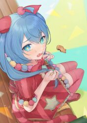 Rule 34 | + +, 1girl, absurdres, ahoge, animal ears, blue eyes, blue hair, blush, bow, bowtie, commentary, crying, dress, fake animal ears, fake tail, fangs, flats, food, from above, hatsune miku, highres, holding, holding hair, long hair, looking at viewer, nail polish, on bench, open mouth, pom pom (clothes), project sekai, short sleeves, sitting, solo, star (symbol), striped tail, tail, taiyaki, tears, thighhighs, traditional bowtie, twintails, vocaloid, vs0mr, wagashi, wonderlands x showtime (project sekai), wonderlands x showtime miku