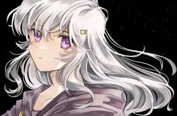 Rule 34 | 1girl, absurdres, black background, cape, circlet, close-up, collarbone, commission, deirdre (fire emblem), dress, fire emblem, fire emblem: genealogy of the holy war, grey hair, hair between eyes, highres, long hair, looking at viewer, nintendo, omlililimo, purple cape, purple eyes, simple background, solo, upper body