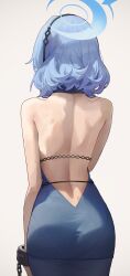 Rule 34 | 1girl, absurdres, ako (blue archive), ako (dress) (blue archive), ass, backless dress, backless outfit, bare shoulders, blue archive, blue dress, blue hair, blue halo, bubble99, commentary request, cowboy shot, dress, from behind, hairband, halo, highres, medium hair, mole, mole on back, official alternate costume, simple background, sleeveless, sleeveless dress, solo, white background