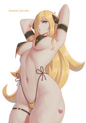 Rule 34 | 1girl, absurdres, armband, armpits, arms behind head, arms up, blonde hair, blue eyes, breast curtains, breasts, creatures (company), cynthia (pokemon), game freak, hair ornament, hair over one eye, highleg, highleg panties, highres, large breasts, long hair, melowh, navel, nintendo, panties, pokemon, pokemon dppt, solo, thigh strap, thighs, underwear, very long hair, yellow panties
