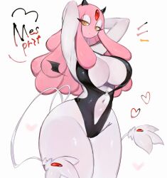 Rule 34 | 1girl, bare hips, blue skin, breasts, cleavage, clothing cutout, colored skin, creatures (company), demon horns, demon wings, forehead jewel, game freak, gem, gen 4 pokemon, gluteal fold, horns, inner sideboob, large breasts, legendary pokemon, long hair, looking at viewer, mesprit, midriff, navel, navel cutout, nintendo, one-piece swimsuit, pink hair, pink skin, pokemon, pokemon (creature), swimsuit, tail, thick thighs, thighs, togetoge, wide hips, wings, yellow eyes