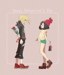 Rule 34 | 1boy, 1girl, ahoge, arm behind back, bag, beanie, beige shirt, black hair, black hoodie, black pants, blonde hair, blush, bow, brown background, closed eyes, creatures (company), english text, flower, from side, full body, game freak, gladion (pokemon), green eyes, green shorts, hand up, hat, highres, holding, holding own arm, hood, hoodie, long sleeves, miu (miuuu 721), nintendo, open mouth, pants, pink bow, poke ball theme, pokemon, pokemon sm, profile, red flower, red footwear, red hat, red rose, rose, selene (pokemon), shirt, shoes, short hair, short shorts, shorts, simple background, smile, standing, text focus, tied shirt, torn clothes, undershirt, valentine