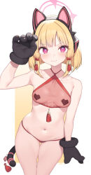 Rule 34 | 1girl, absurdres, animal ear headphones, animal ears, animal hands, black gloves, blonde hair, blue archive, blush, bow, breasts, cat tail, cloba, closed mouth, collarbone, commentary, cowboy shot, fake animal ears, gloves, groin, hair bow, halo, headphones, heart pasties, highres, looking at viewer, momoi (blue archive), navel, pasties, paw gloves, pink halo, red bow, red eyes, short hair, small breasts, smile, solo, symbol-only commentary, tail