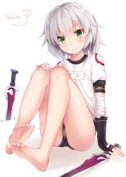 Rule 34 | 1girl, :3, artist name, bandaged arm, bandages, bare legs, barefoot, black gloves, blush, buruma, cat, closed mouth, crossed bangs, dagger, dual wielding, facial scar, fate/apocrypha, fate (series), feet, fingerless gloves, gloves, green eyes, gym uniform, highres, holding, jack the ripper (fate/apocrypha), knees up, knife, looking at viewer, nahaki, name tag, scar, scar across eye, scar on cheek, scar on face, short hair, short sleeves, signature, silver hair, simple background, sin-poi, sitting, smile, soles, solo, thighs, toes, weapon, white background, | |