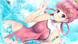 Rule 34 | 1girl, adapted costume, bare arms, blue eyes, blush, breasts, cameltoe, cleft of venus, cloud, commentary, covered navel, creatures (company), day, dutch angle, euforia, game freak, gluteal fold, hands up, hat, holding, holding poke ball, joy (pokemon), long hair, nintendo, one-piece swimsuit, outdoors, parted lips, pink hair, pink hat, pink one-piece swimsuit, poke ball, poke ball (basic), pokemon, pokemon sm, sky, solo, sparkle, swimsuit, wading, water, water drop
