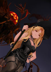 Rule 34 | 1girl, absurdres, black dress, black hat, black pantyhose, blonde hair, breasts, broom, dress, dutch angle, ereshkigal (fate), fate/grand order, fate (series), halloween costume, hand on own hip, hat, highres, holding, holding broom, jack-o&#039;-lantern, long hair, looking at viewer, pantyhose, quatthro, red eyes, short dress, small breasts, smug, solo, witch, witch hat