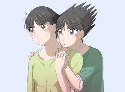 Rule 34 | 1boy, 1girl, black hair, blue background, blush, butch (ppg), buttercup (ppg), embarrassed, green eyes, holding hands, long sleeves, parted lips, powerpuff girls, short hair, spiked hair, sweatdrop