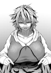Rule 34 | 1girl, :d, animal print, breasts, cleavage, collarbone, commentary request, gradient background, greyscale, hair between eyes, huge breasts, koyubi (littlefinger1988), looking down, monochrome, multicolored hair, neck ribbon, o-ring, open mouth, short hair, simple background, sleeves past elbows, smile, solo, streaked hair, tiger print, toramaru shou, touhou, undone neck ribbon, undone neckwear, untying, upper body, wide sleeves