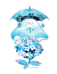 Rule 34 | 1other, artist name, blue umbrella, bouquet, closed eyes, commentary, english commentary, flower, ghost, leaf, maruti bitamin, no humans, original, own hands together, painting (medium), simple background, smile, traditional media, umbrella, water, water drop, watercolor (medium), white background, white flower