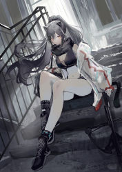 Rule 34 | 1girl, absurdres, animal ears, arknights, bare legs, bare shoulders, black footwear, boots, bow (weapon), breasts, cat ears, cleavage, commentary request, crop top, crossbow, female focus, grey hair, hair between eyes, highres, infection monitor (arknights), jacket, long hair, long sleeves, looking at viewer, medium breasts, midriff, natsuba002, navel, off shoulder, open clothes, open jacket, ponytail, schwarz (arknights), sitting, solo, stairs, stomach, thighs, very long hair, weapon, white jacket, yellow eyes