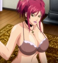 Rule 34 | 10s, 1girl, bra, breasts, carpet, choker, cleavage, female focus, jewelry, key, large breasts, lipstick, makeup, mamiya marie, mole, mole under eye, necklace, red hair, screencap, solo, starless, stitched, third-party edit, underwear, wooden floor