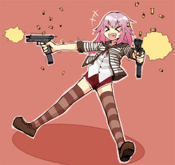 Rule 34 | &gt; &lt;, 1girl, bee (deadflow), blush stickers, casing ejection, closed eyes, dual wielding, extended magazine, eyebrows, fangs, firing, glock, gradient hair, gun, handgun, heart, heart in mouth, holding, jacket, leaning back, machine pistol, multicolored hair, muzzle flash, original, pink hair, pistol, shell casing, shirt, shorts, solo, striped clothes, striped jacket, striped thighhighs, thighhighs, weapon, white shirt