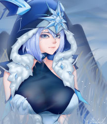 Rule 34 | 1girl, absurdres, artist request, blue eyes, blue hair, bodysuit, grabbing another&#039;s breast, breasts, cicin mage (genshin impact), coat, cryo cicin mage (genshin impact), deep skin, detached sleeves, eyeshadow, genshin impact, gloves, grabbing, highres, hood, large breasts, looking at viewer, makeup, short hair, snow, solo