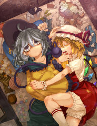 Rule 34 | 2girls, blonde hair, bloomers, broken, candy, colored eyelashes, crystal, dutch angle, eyeball, closed eyes, finger in another&#039;s mouth, flandre scarlet, food, hat, hat ribbon, holding another&#039;s hair, hug, kneehighs, komeiji koishi, lollipop, long sleeves, looking at viewer, lying, mob cap, multiple girls, on back, on bed, on side, open mouth, puffy sleeves, ribbon, sakurai energy, shirt, short hair, short sleeves, silver hair, skirt, skirt set, sleeping, socks, string, stuffed animal, stuffed dolphin, stuffed toy, sweets, teddy bear, third eye, touhou, underwear, vest, white legwear, wide sleeves, wings, wrist cuffs